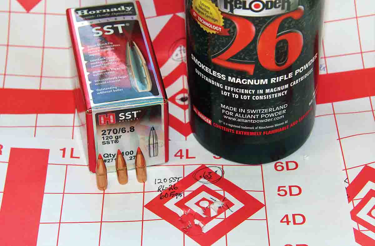 The best handload group of the test – .65 inch at 3,018 fps – resulted from a combination of Hornady’s 120-grain SST seated over 60.5 grains of Alliant Reloder 26.